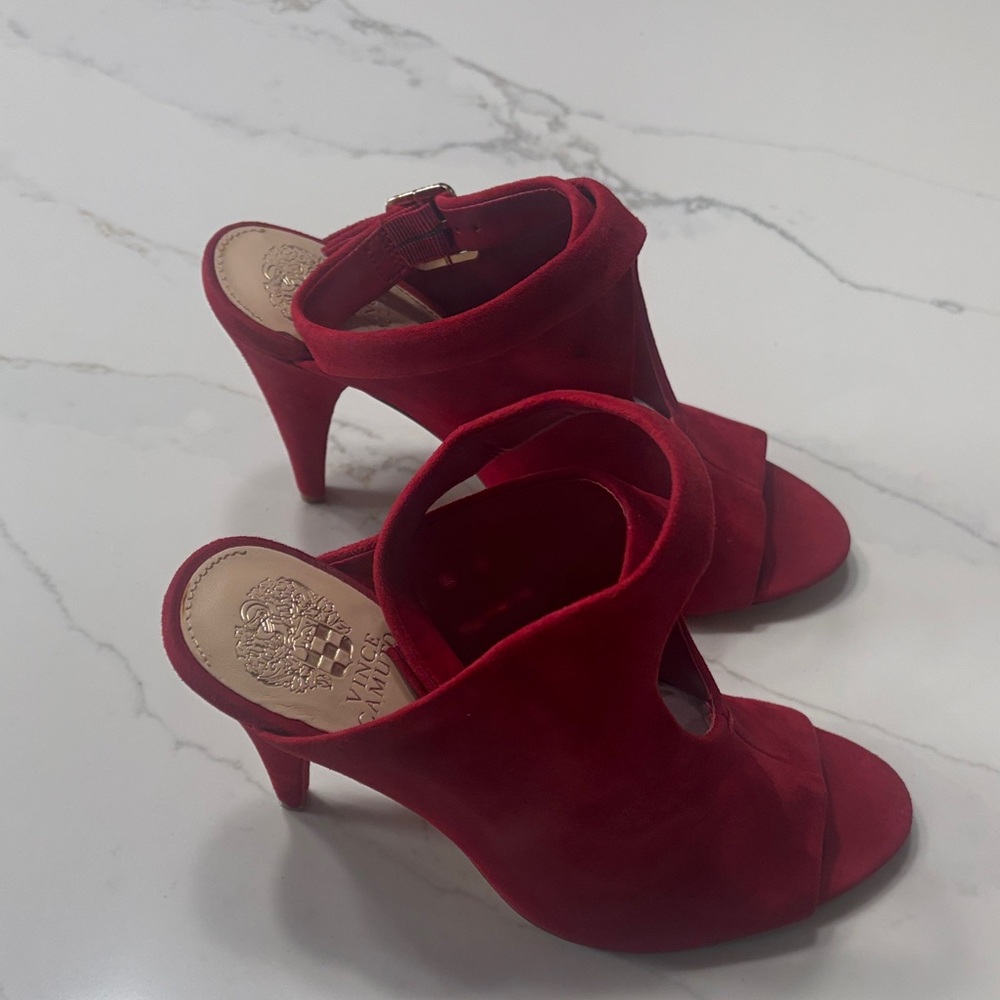 Elegant Red Suede Peep-Toe Heels - Picture 6 of 17